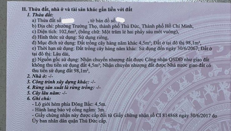 Chính Chủ Cần Bán Lô Đất Đường Số 12, Phường Trường Thọ, 102.6m2, Mời Anh Chị